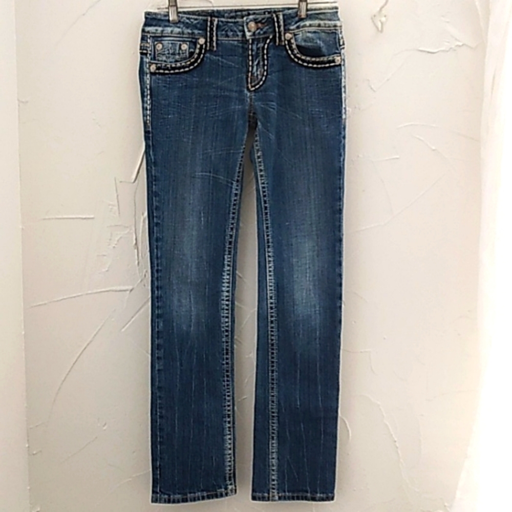 Miss‎ Me Jeans Size 28 Irene Straight Leg Thick Stitch Darker Wash Mid Rise
